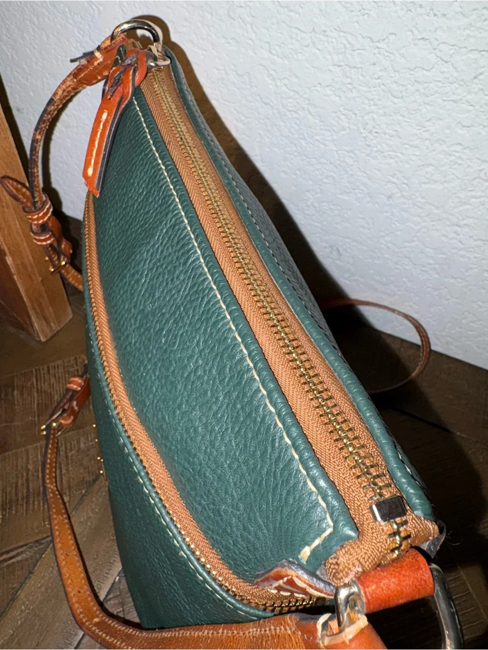 Dooney & Bourke Pebble Grain Leather Crossbody | Forest Green & British Tan - Picture 7 of 8